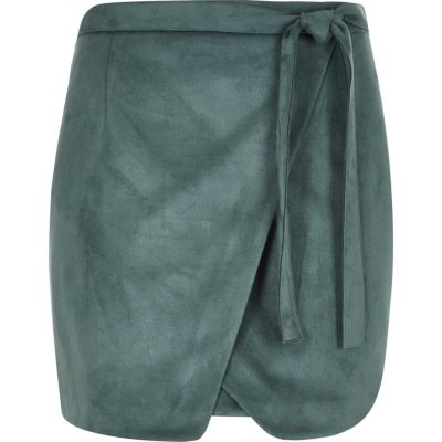 Blue faux suede wrap mini skirt